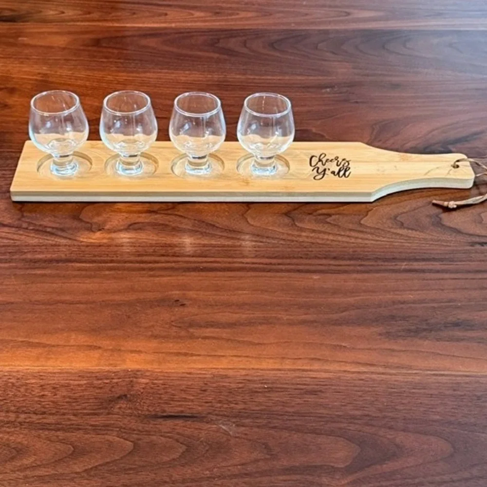 Bamboo Whiskey Beer Flight Board Paddle Set 4 Snifter Glasses Cheers Y'all